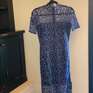 Blue & Black fitted lace midi dress